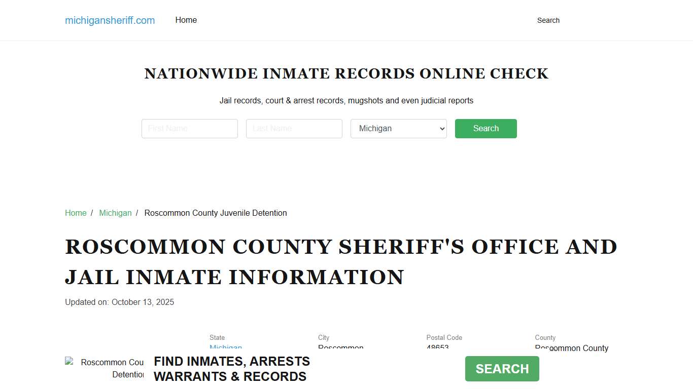 Roscommon County Sheriff, Michigan, Jail Inmate Search